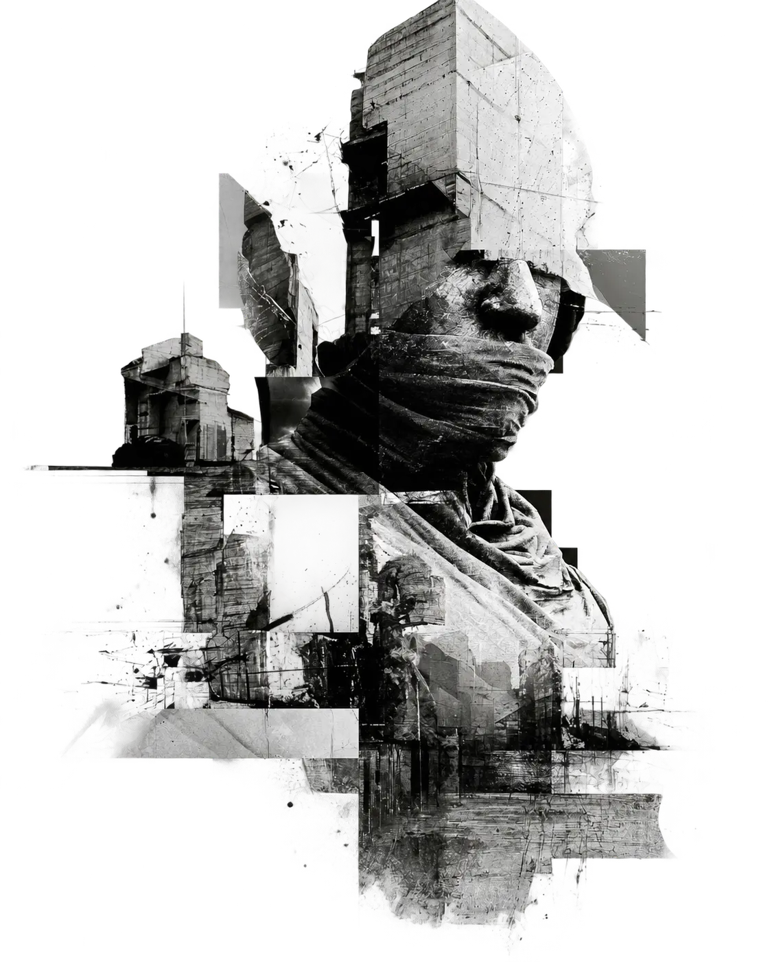Dystopische Schwarz-Weiß-Collage aus einer verhüllten Figur und Betonarchitektur